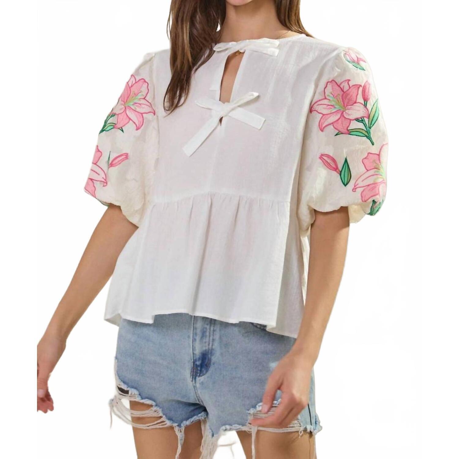 New Oddi Embroidered Sleeve Blouse In Cream